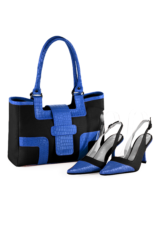 Matt black and electric blue women's dress handbag, matching pumps and belts. Top view - Florence KOOIJMAN